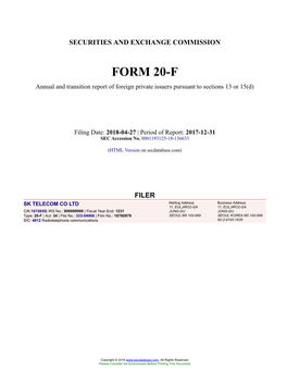 SK TELECOM CO LTD Form 20-F Filed 2018-04-27