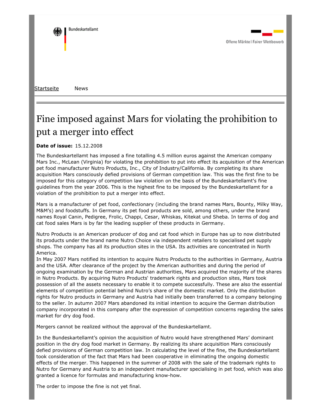 Fine Imposed Against Mars for Violating the Prohibition to Put a Merger Into Effect