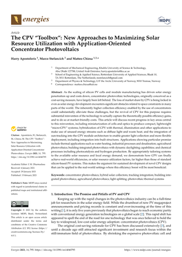 The CPV “Toolbox”: New Approaches to Maximizing Solar Resource Utilization with Application-Oriented Concentrator Photovoltaics