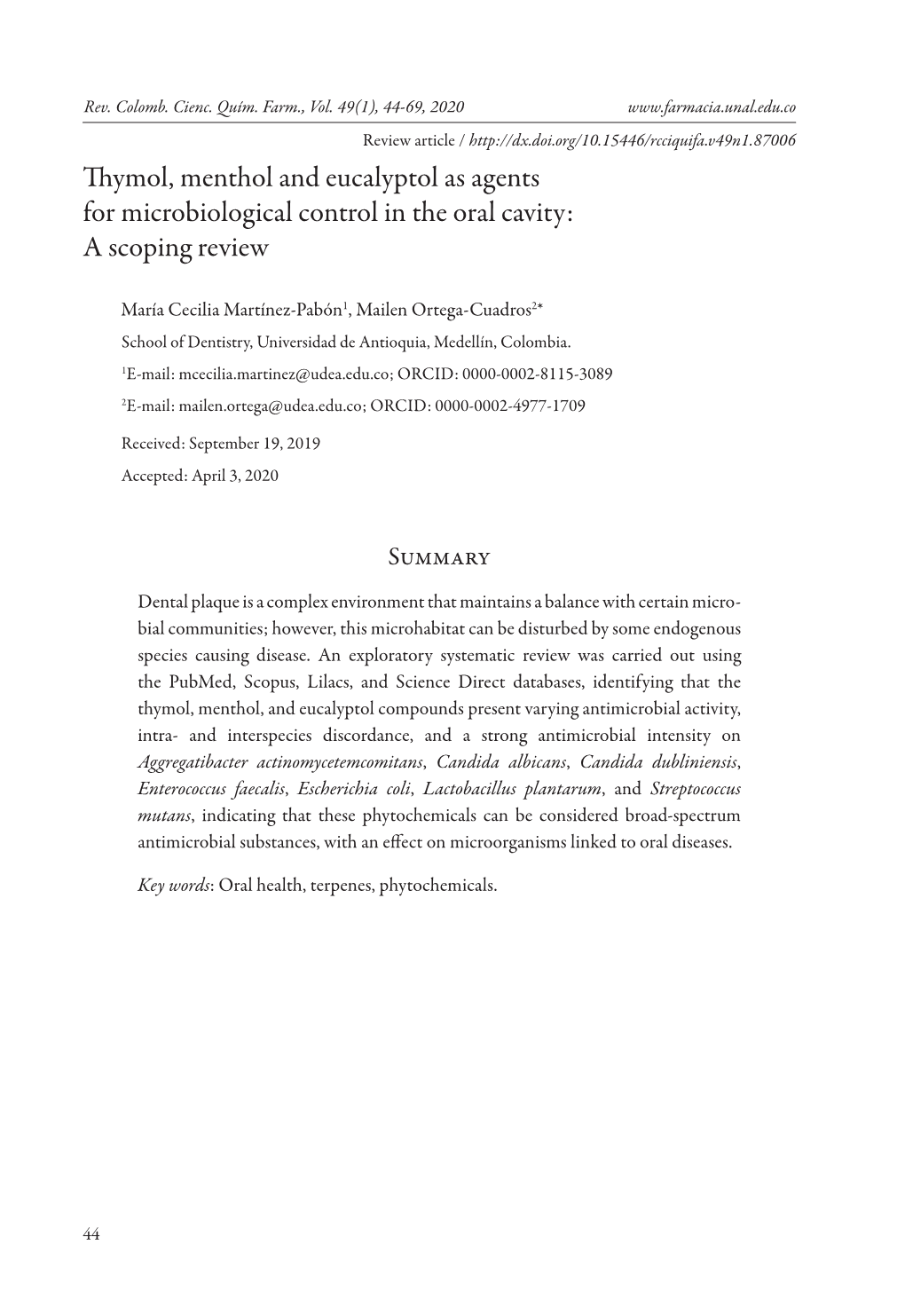 Thymol, Menthol and Eucalyptol As Agents for Microbiological Control in the Oral Cavity: a Scoping Review