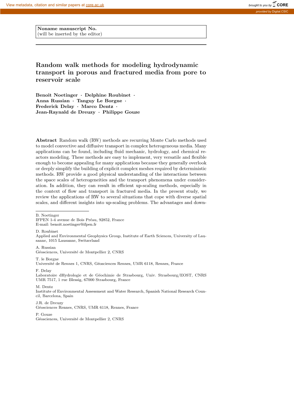 Random Walk Methods for Modeling Hydrodynamic Transport in Porous and Fractured Media from Pore to Reservoir Scale