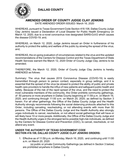 AMENDED ORDER of COUNTY JUDGE CLAY JENKINS DATE AMENDED ORDER ISSUED: March 16, 2020