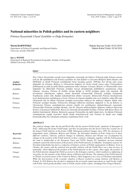 National Minorities in Polish Politics and Its Eastern Neighbors Polonya Siyasetinde Ulusal Azınlıklar Ve Doğu Komşuları