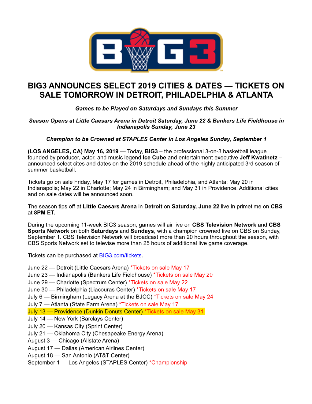 Select Dates BIG3 2019 Press Release