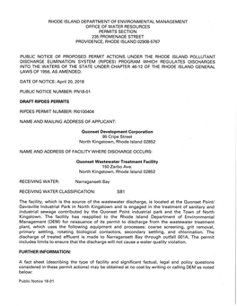 Quonset Wastewater Treatment Facility Draft Permit RI0100404