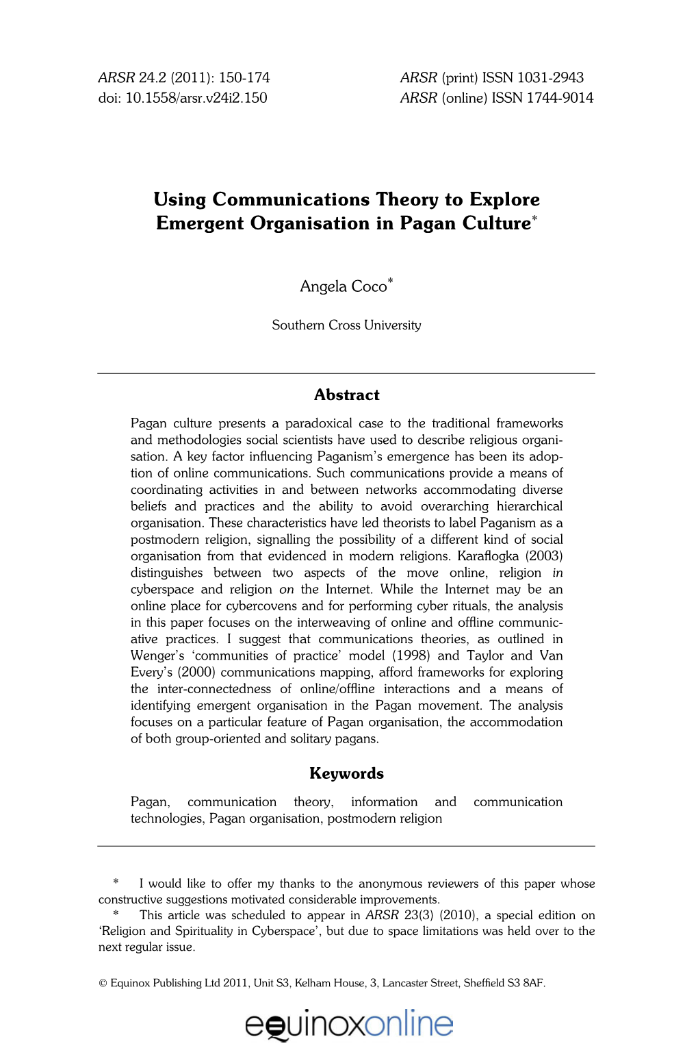 Using Communications Theory to Explore Emergent Organisation in Pagan Culture*