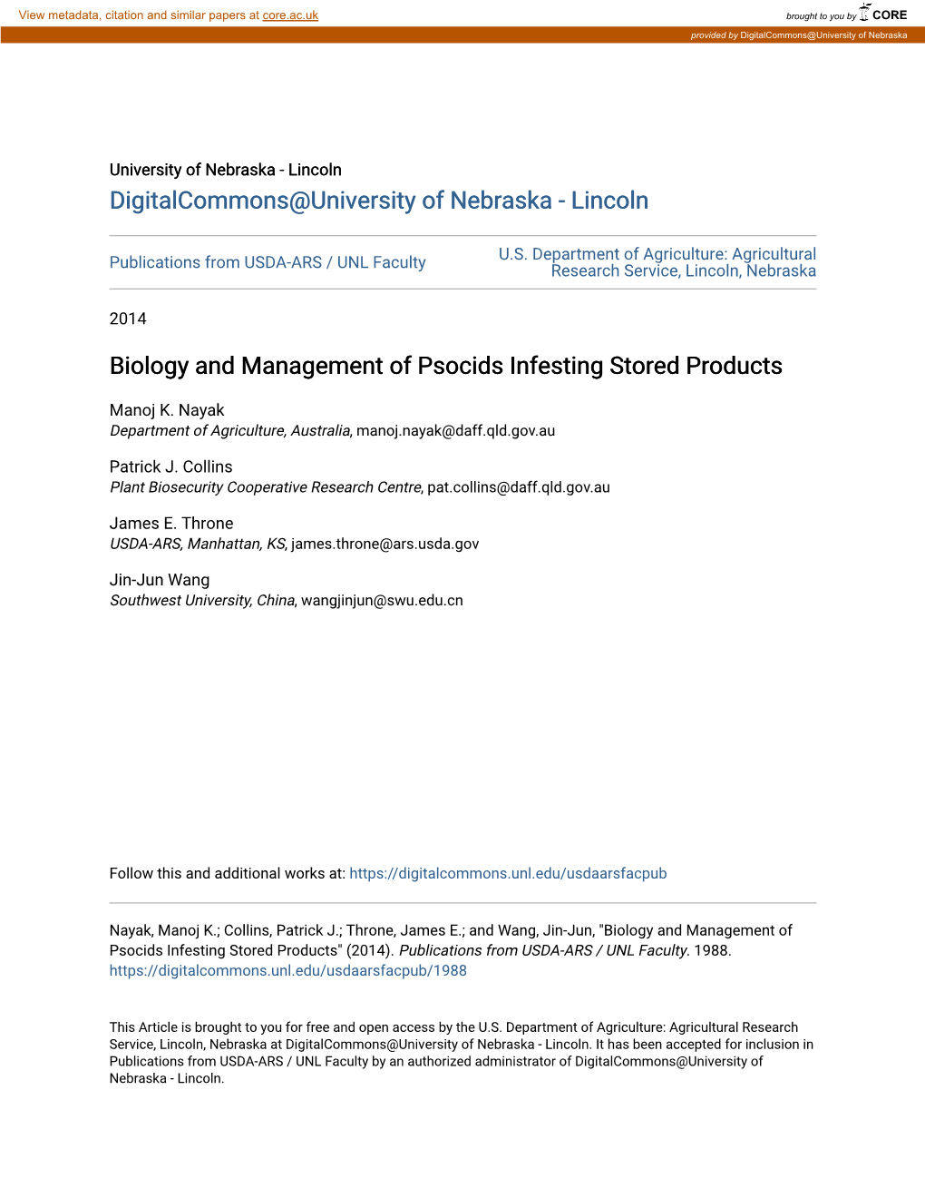 Biology and Management of Psocids Infesting Stored Products