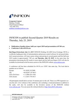 INFICON to Publish Second Quarter 2019 Results on Thursday, July 25, 2019