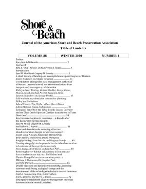 Journal of the American Shore and Beach Preservation Association Table of Contents