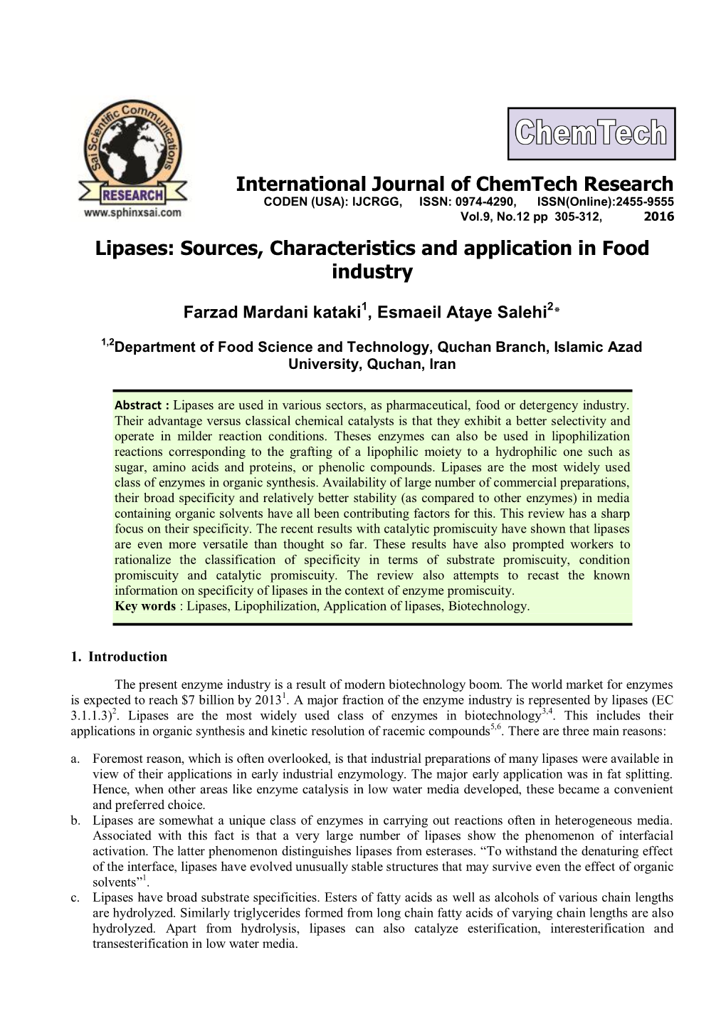 Lipases: Sources, Characteristics and Application in Food Industry