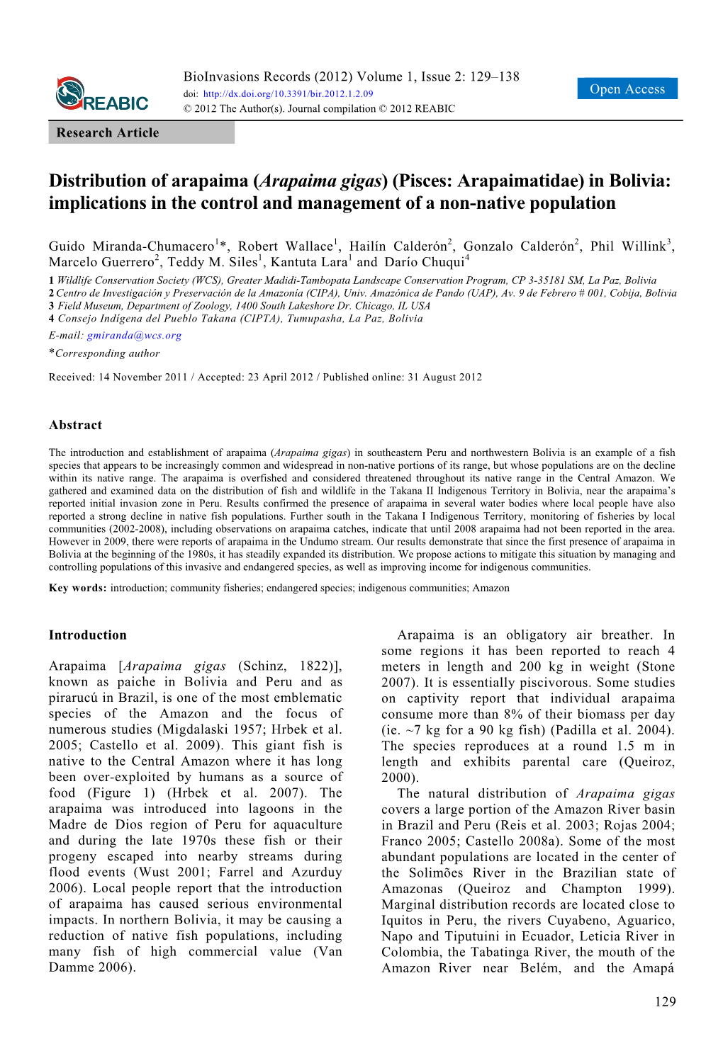 Arapaima Gigas) (Pisces: Arapaimatidae) in Bolivia: Implications in the Control and Management of a Non-Native Population