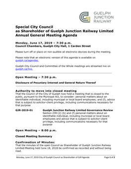 Special City Council As Shareholder of Guelph Junction Railway Limited Annual General Meeting Agenda