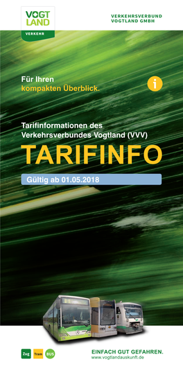 Tarifinformationen Des Verkehrsverbundes Vogtland (VVV) TARIFINFO Gültig Ab 01.05.2018