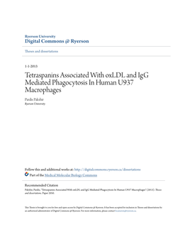 Tetraspanins Associated with Oxldl and Igg Mediated Phagocytosis in Human U937 Macrophages Pardis Pakshir Ryerson University
