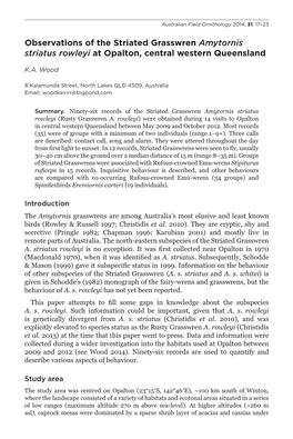 Observations of the Striated Grasswren Amytornis Striatus Rowleyi at Opalton, Central Western Queensland