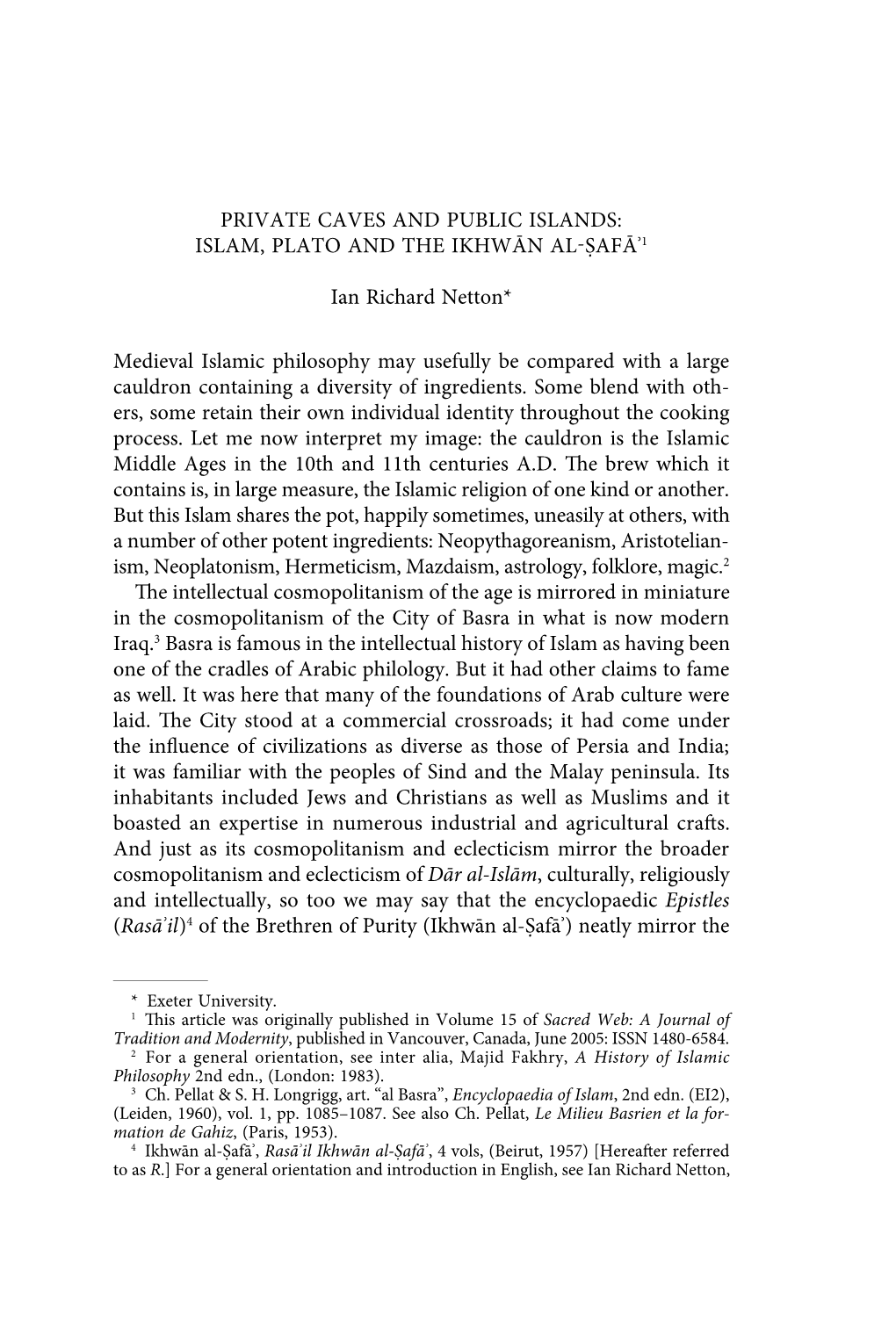 ISLAM, PLATO and the IKHWĀN AL-ṢAFĀʾ1 Ian Richard