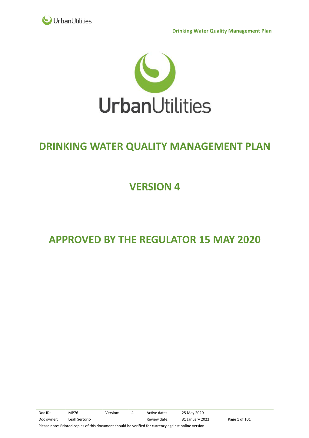 Drinking Water Quality Management Plan