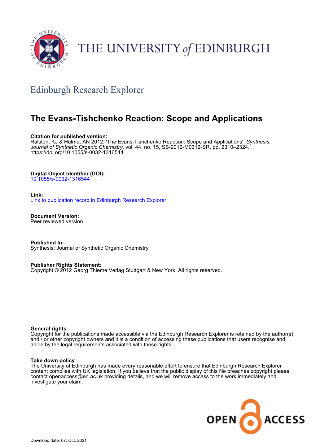 The Evans-Tishchenko Reaction: Scope and Applications