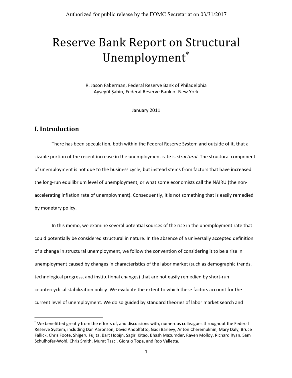 Reserve Bank Report on Structural Unemployment∗