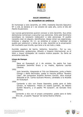 1 JULIO JARAMILLO EL RUISEÑOR DE AMÉRICA En Homenaje a Julio Jaramillo, En 1993, Mediante Decreto Ejecutivo Nº 1.118, Se Decl