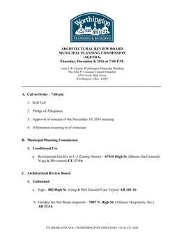 ARCHITECTURAL REVIEW BOARD MUNICIPAL PLANNING COMMISSION -AGENDA- Thursday, December 8, 2016 at 7:00 P.M