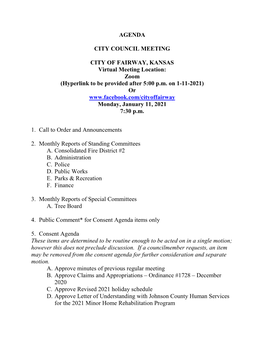 Agenda City Council Meeting City of Fairway, Kansas