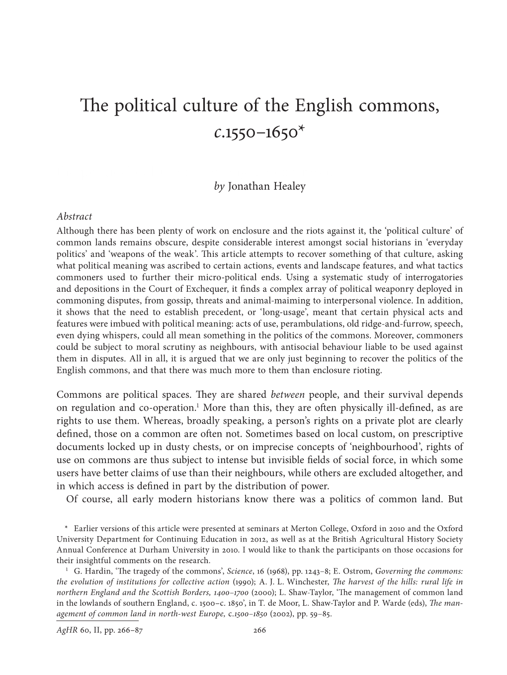 The Political Culture of the English Commons, C.1550–1650* the Political Culture of the English Commons by Jonathan Healey