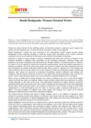 Shashi Deshpande: Women Oriented Writer
