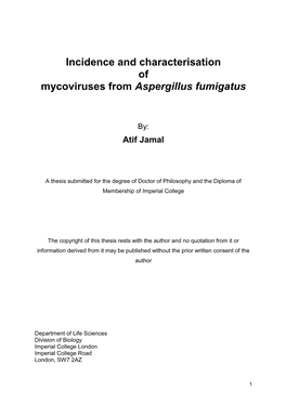 Incidence and Characterisation of Mycoviruses from Aspergillus Fumigatus