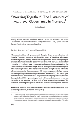 “Working Together”: the Dynamics of Multilevel Governance in Nunavut1