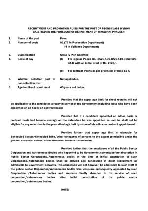 Recruitment and Promotion Rules for the Post of Peons Class Iv (Non Gazetted) in the Prosecution Department of Himachal Pradesh