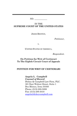 NO. ___IN the SUPREME COURT of the UNITED STATES Petitioner, V. Respondent. on Petition for Writ of Certiorari to Th