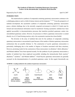 The Synthesis of Molecules Containing Quaternary Stereogenic Centers Via the Intramolecular Asymmetric Heck Reaction