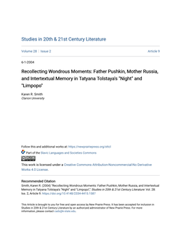 Recollecting Wondrous Moments: Father Pushkin, Mother Russia, and Intertextual Memory in Tatyana Tolstaya's "Night" and "Limpopo"