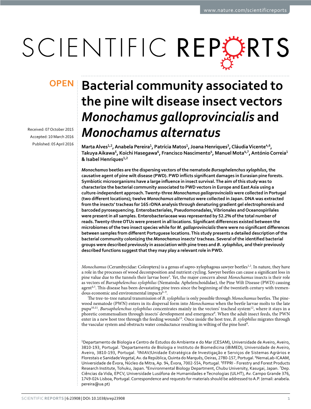 Bacterial Community Associated to the Pine Wilt Disease Insect Vectors