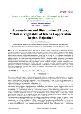 Accumulation and Distribution of Heavy Metals in Vegetables of Khetri Copper Mine Region, Rajasthan