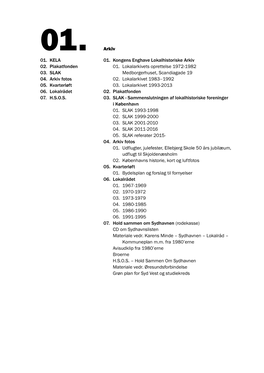 01. KELA 02. Plakatfonden 03. SLAK 04. Arkiv Fotos 05. Kvarterløft 06. Lokalrådet 07. H.S.O.S. Arkiv 01. Kongens Enghave