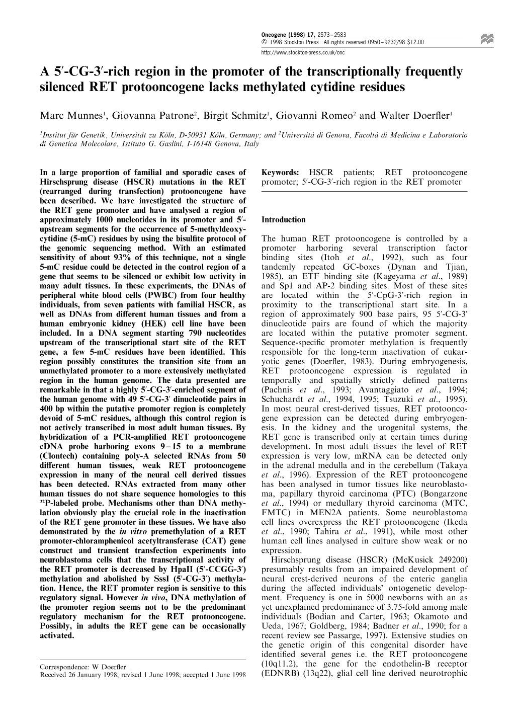 CG-3'-Rich Region in the Promoter of the Transcriptionally Frequently Silenced RET Protooncogene Lacks Methylated Cytidine Residues