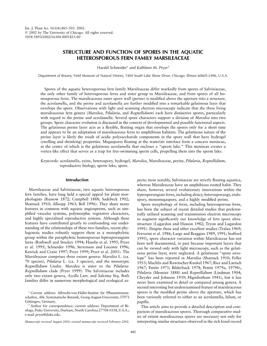 Structure and Function of Spores in the Aquatic Heterosporous Fern Family Marsileaceae