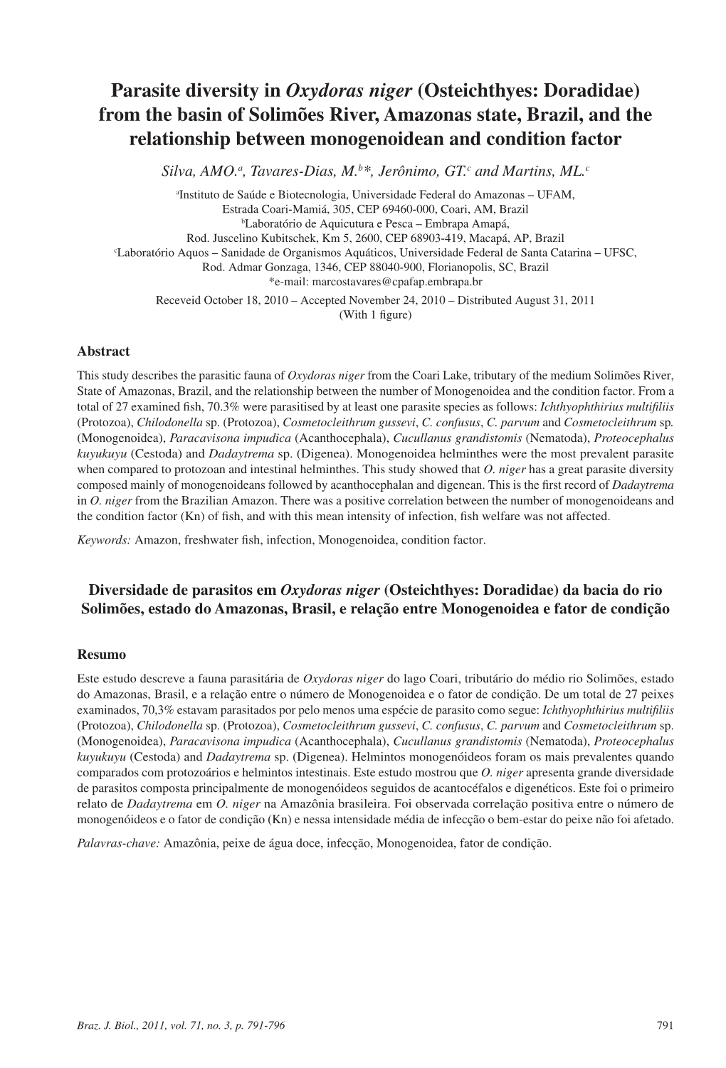 Parasite Diversity in Oxydoras Niger (Osteichthyes: Doradidae