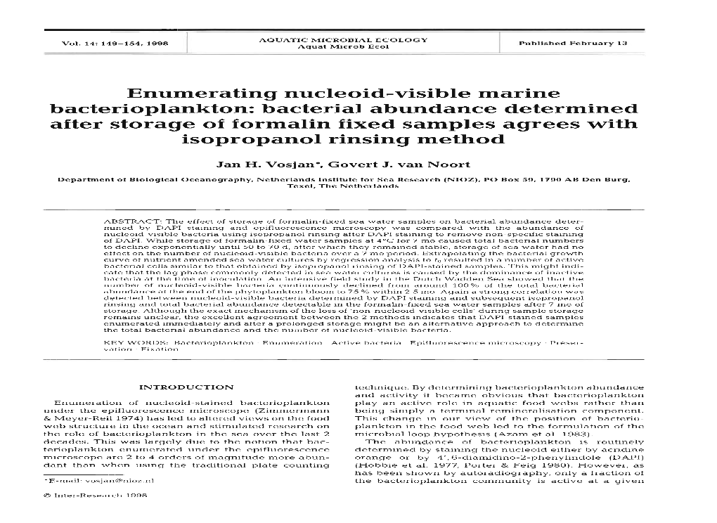 Enumerating Nucleoid-Visible Marine Bacterioplankton: Bacterial Abundance Determined After Storage of Formalin Fixed Samples Agrees with Isopropanol Rinsing Method