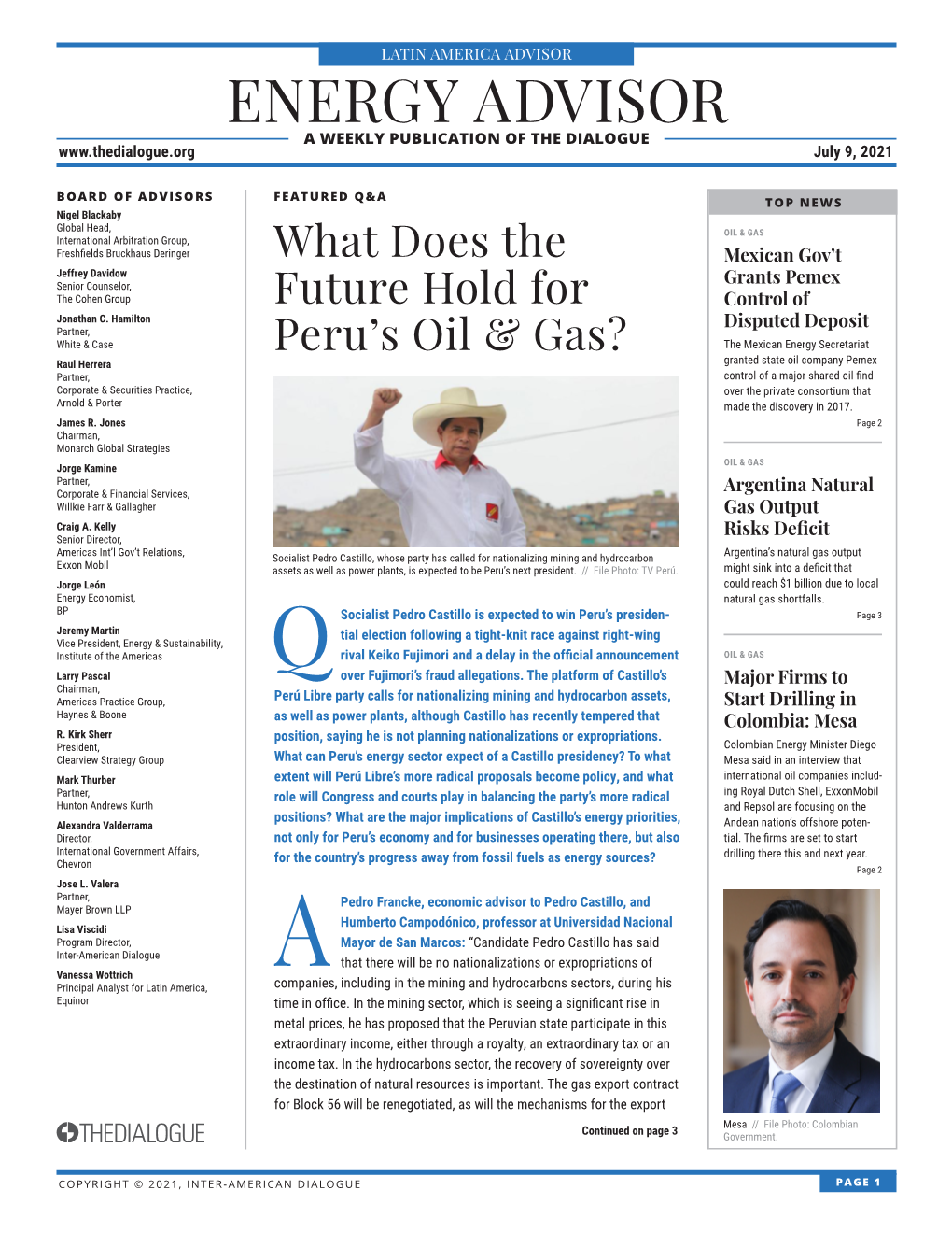 ENERGY ADVISOR a WEEKLY PUBLICATION of the DIALOGUE July 9, 2021