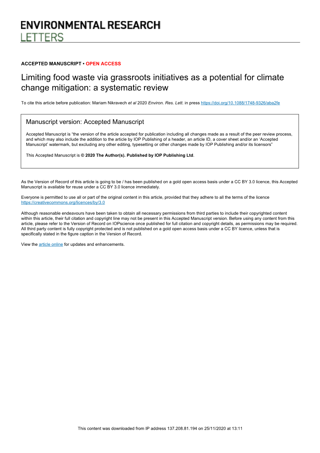 Limiting Food Waste Via Grassroots Initiatives As a Potential for Climate Change Mitigation: a Systematic Review