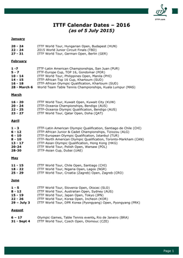 ITTF Calendar Dates – 2016 (As of 5 July 2015)