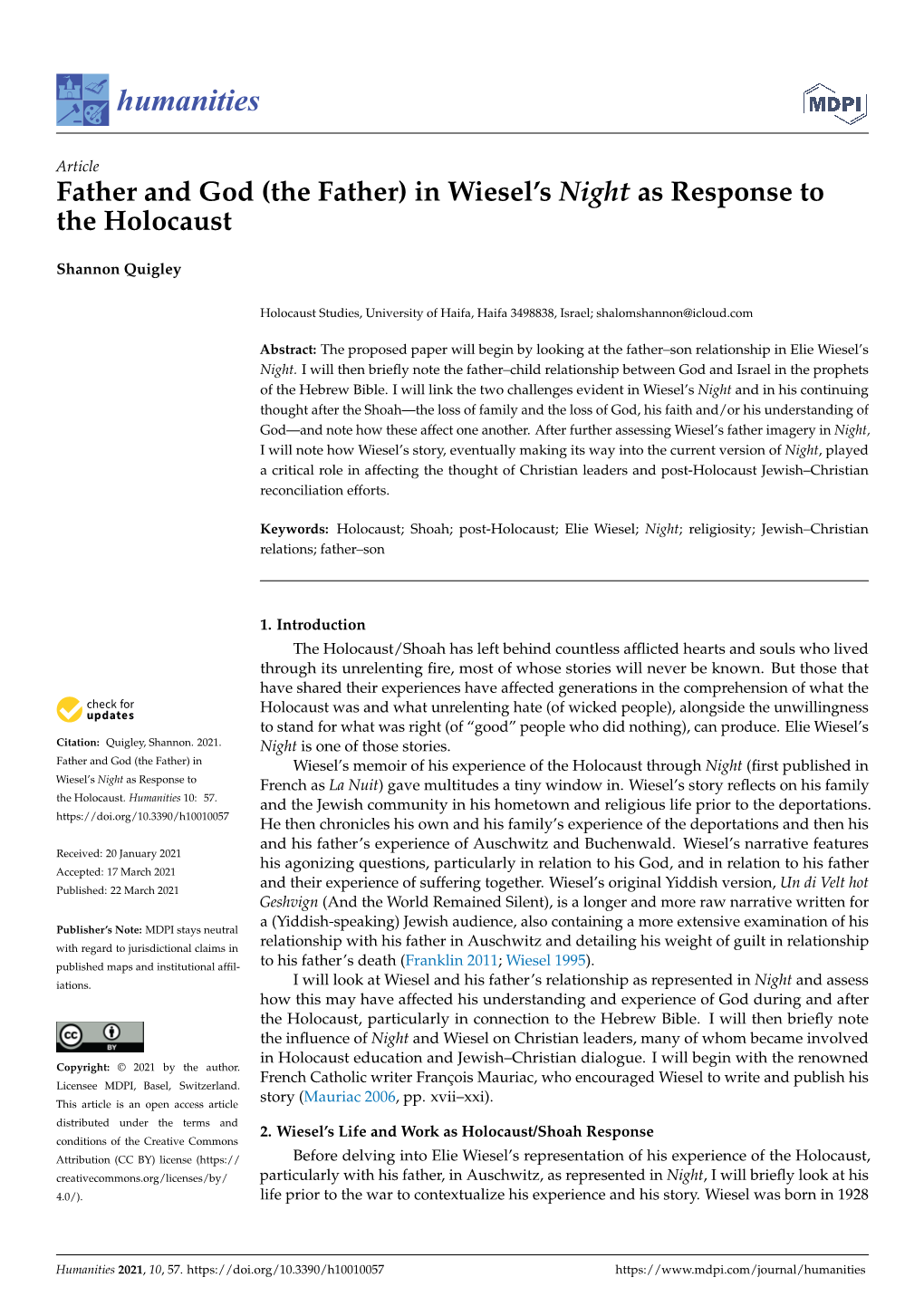 (The Father) in Wiesel's Night As Response to the Holocaust