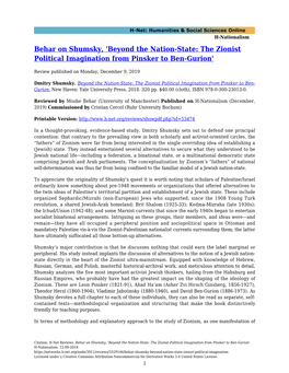Beyond the Nation-State: the Zionist Political Imagination from Pinsker to Ben-Gurion'