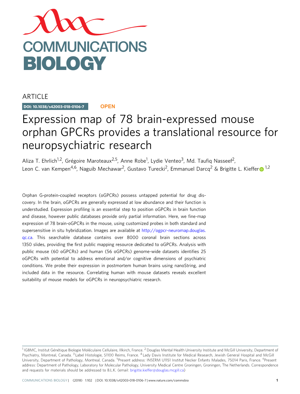 Expression Map of 78 Brain-Expressed Mouse Orphan Gpcrs Provides a Translational Resource for Neuropsychiatric Research