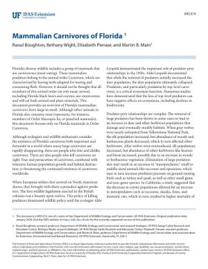 Mammalian Carnivores of Florida 1 Raoul Boughton, Bethany Wight, Elizabeth Pienaar, and Martin B