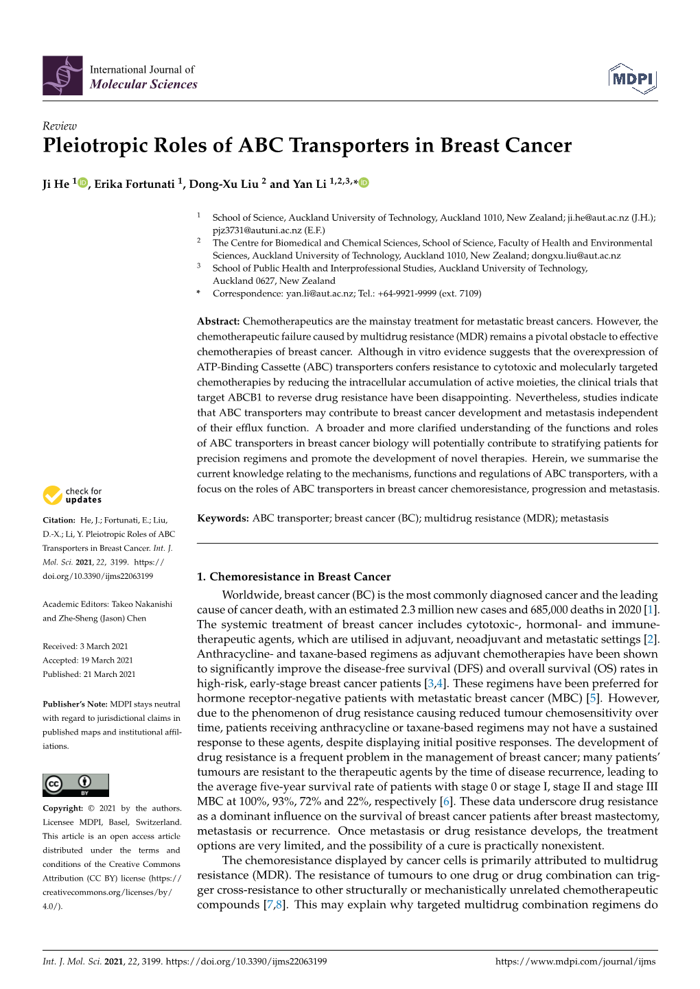 Pleiotropic Roles of ABC Transporters in Breast Cancer