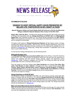 Vikings to Host Virtual Happy Hour Presented by Miller Lite, Participate in Nfl Draft-A-Thon